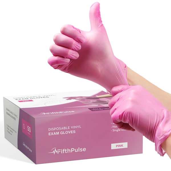 Fifthpulse FMN1000, Disposable Gloves, 3 mil Palm, Vinyl, Powder-Free, S, 50 PK, Pink FP-V-50-S-PNK - main
